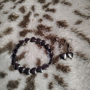 Handmade silver heart beaded bracelet with cute dainty silver earrings